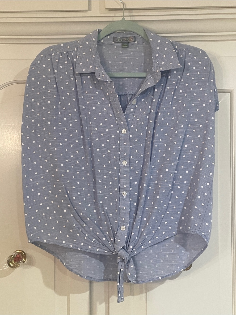 Good Luck Gem Blue Polka Dot Tie-Front Button Down Shirt